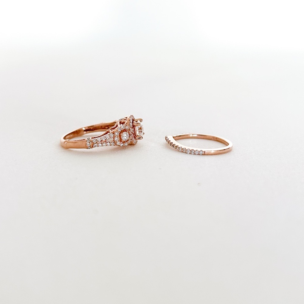 Rose Gold 14K Three Stone Diamond Halo Pave Engagement Ring Wedding Band Set - Picture 7 of 13